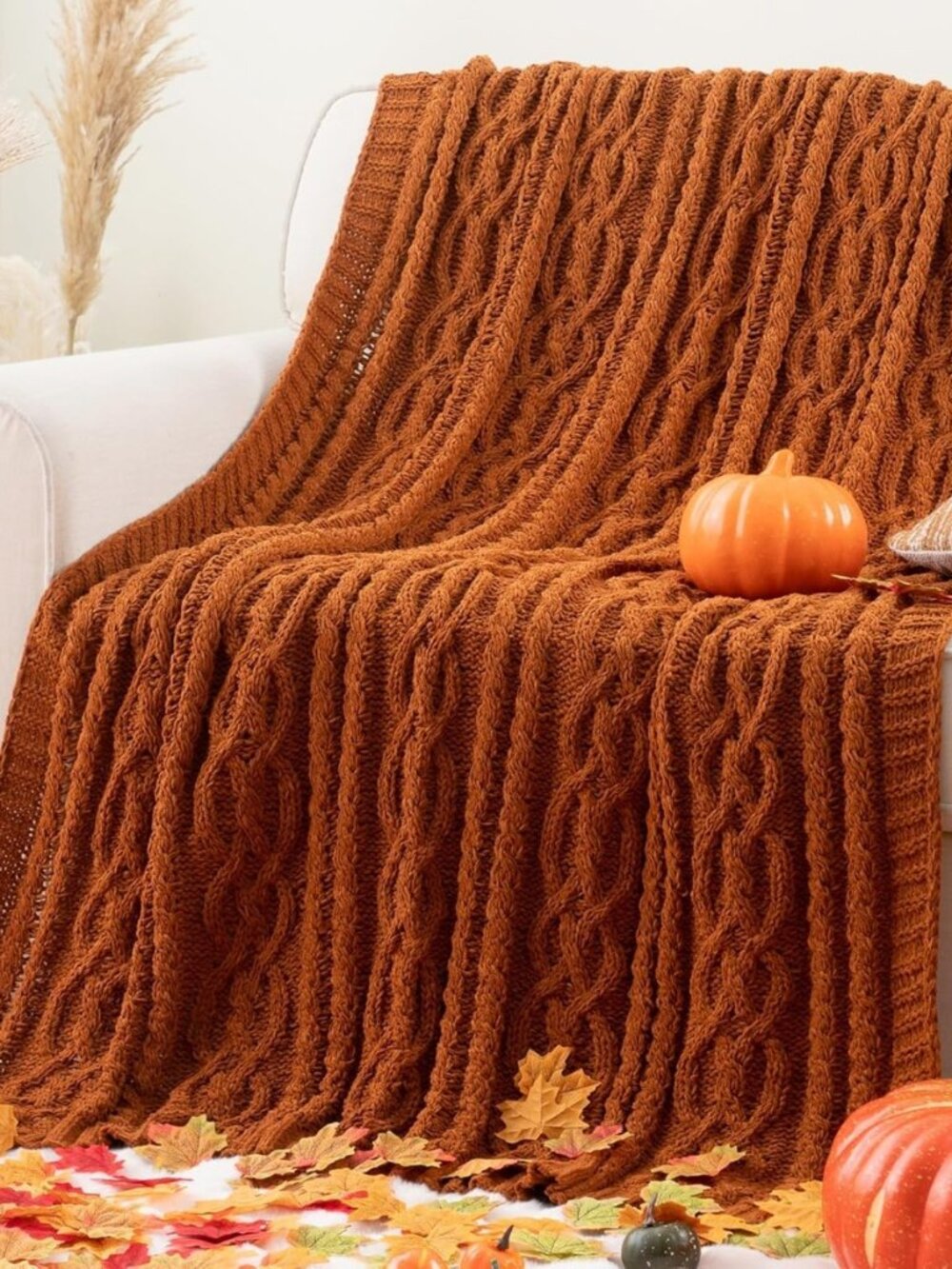 Battilo Rust Orange Throw Blanket for Couch, 51" x 67", Cable Knit Blanket